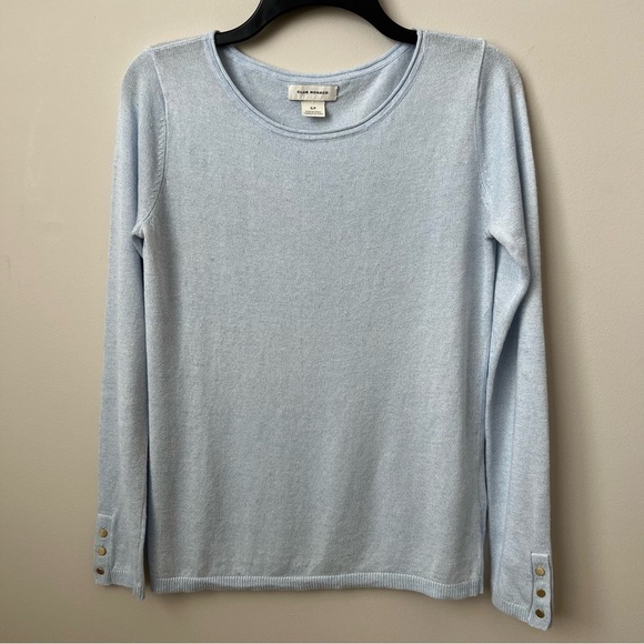 Club Monaco Lana Linen Blend Sweater Blue Button Cuff Rolled Neck Coastal SP - Picture 4 of 14